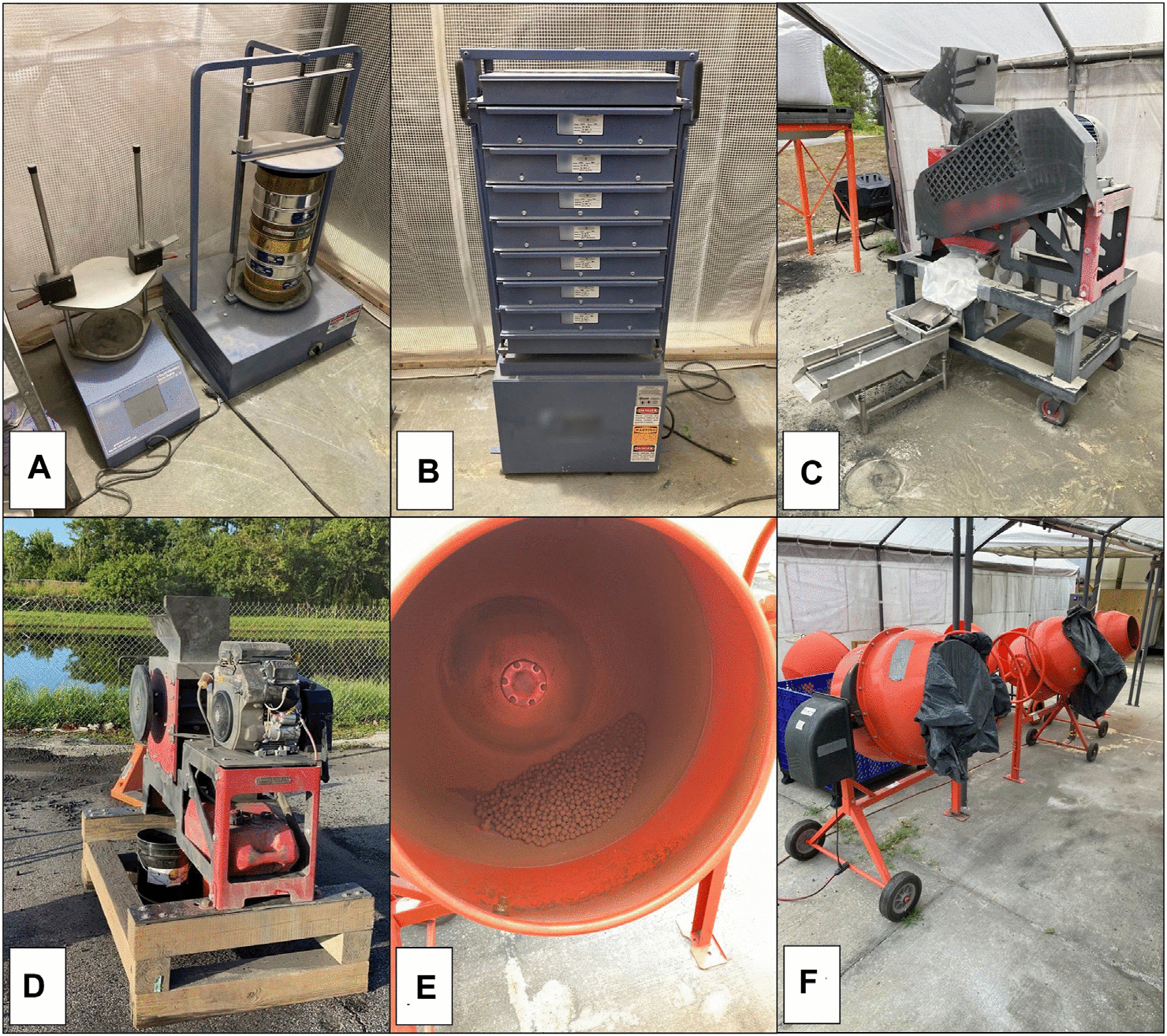 Exolith Lab production equipment: small-batch sieve shaker (A), bulk sieve shaker (B), hammer mill (C) and jaw crusher (D) for percussive crushing that leaves grains irregular, a cement mixer charged with steel balls as a ball mill (E), and the mixers used to blend constituents (F).