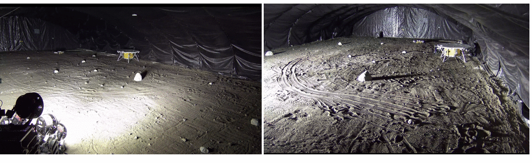Side views from the test-site situational cameras showing single-source lighting and wheel tracks