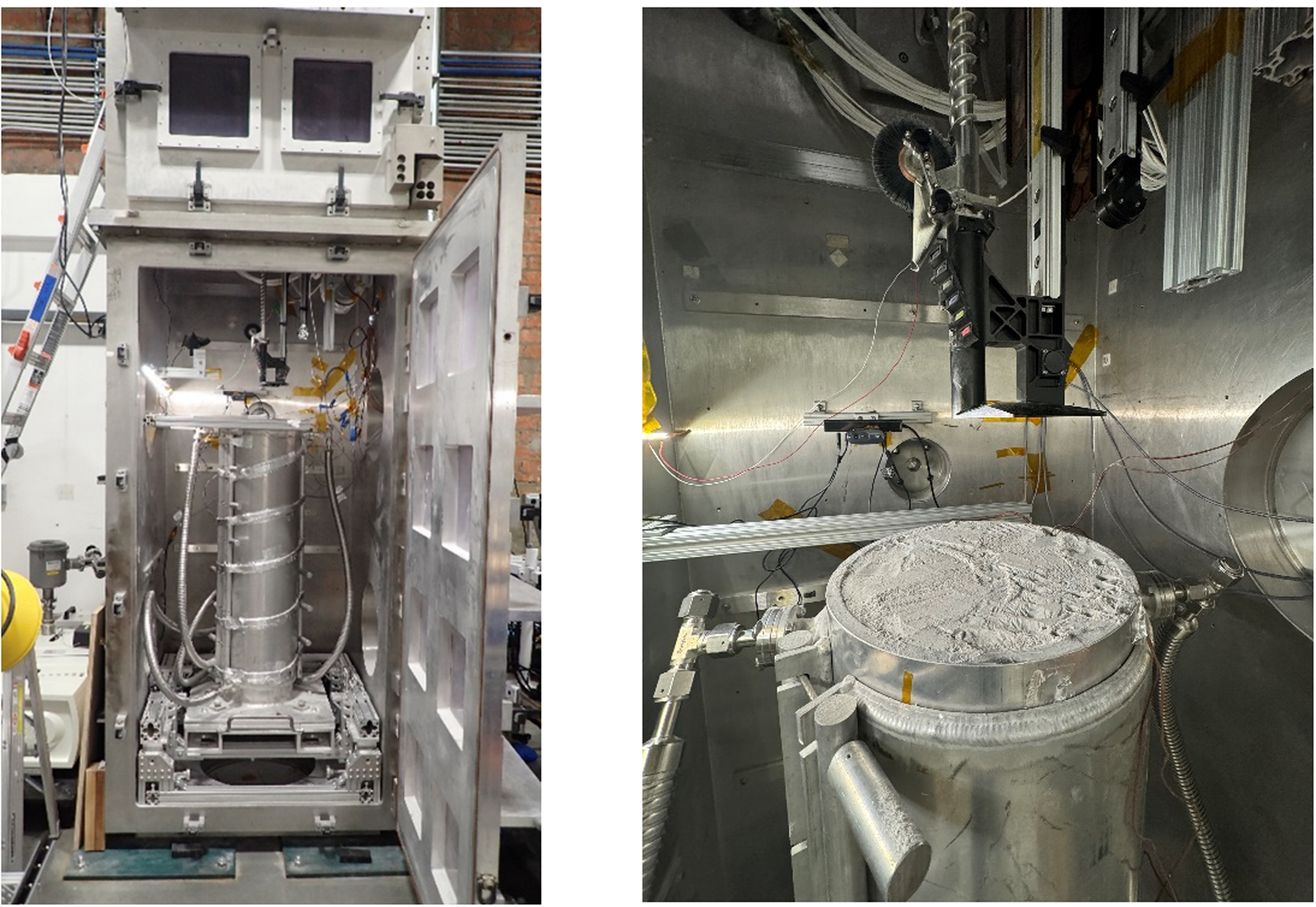 The environmental chamber used for TRIDENT engineering unit drilling tests, closed with the drill inside (left) and open showing the drill string above a simulant bin about 30 cm across (right). The passive brush that scrapes cuttings off the auger during retraction is visible at the top of the string