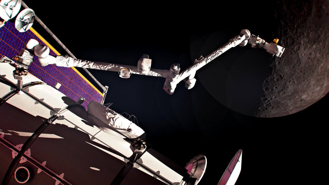 NASA configuration rendering of Canadarm3 on Gateway, not a photograph: no flight hardware has been built for public view. The rendering shows the eXploration Large Arm anchored to an external robotics interface on the module at lower left, with the smaller eXploration Dexterous Arm mounted mid-boom, and the free end effector extended over the lunar limb. Both ends of the large arm carry identical anchoring hands, which is how the arm walks the length of Gateway without a mobile base