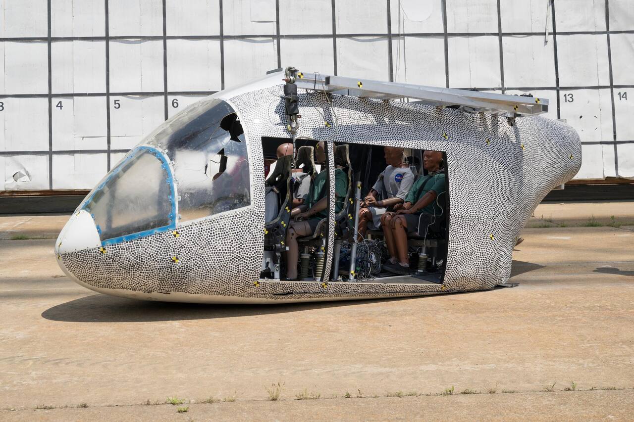 An aircraft body modeled after an air taxi, with weighted test dummies inside, after a drop test at the Landing and Impact Research Facility at NASA LaRC on 26 June 2025.