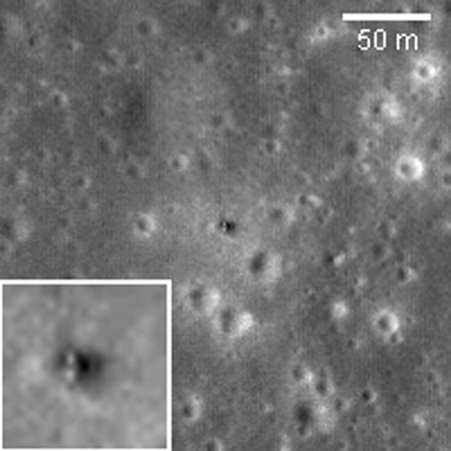 The Luna 16 descent stage on the basaltic plains of Mare Fecunditatis, imaged from orbit by the Lunar Reconnaissance Orbiter Narrow Angle Camera. The lander and its shadow are the only in-place images of this hardware, and it is orbital imagery of this kind that refined the landing coordinates given below