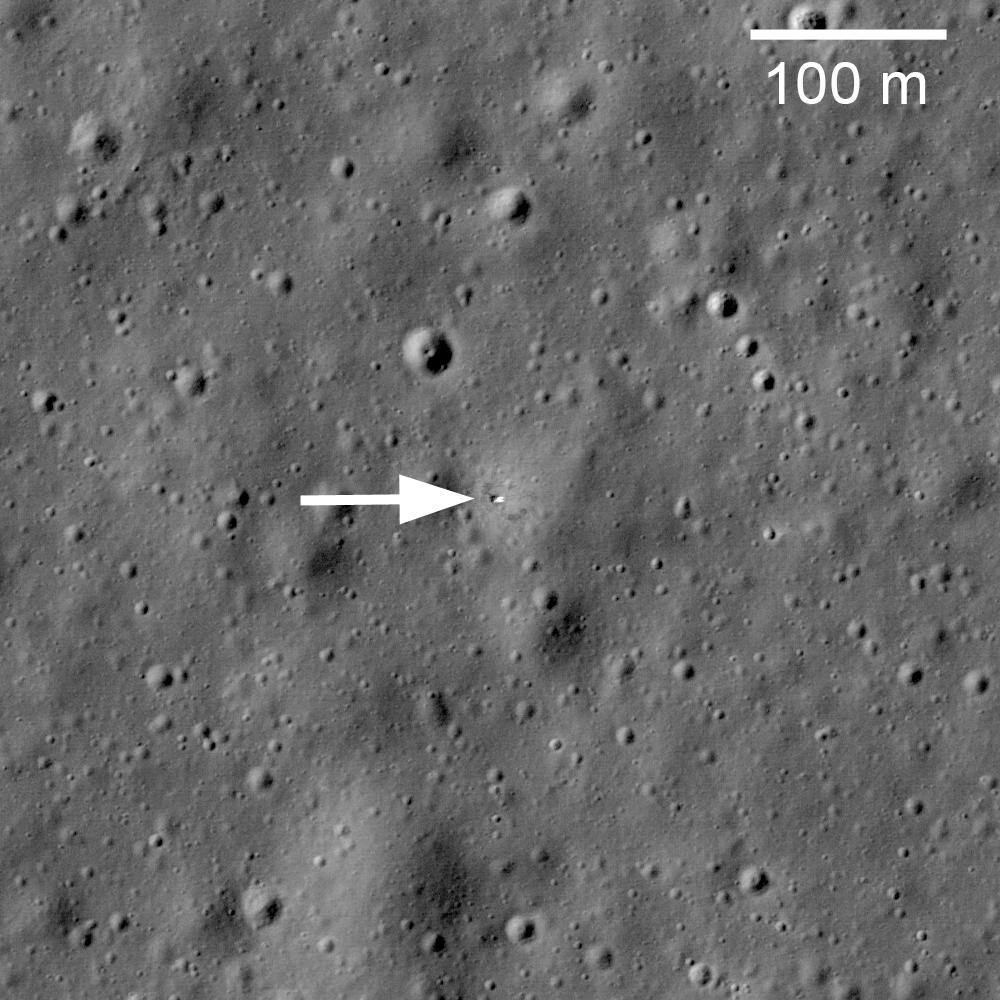 The Luna 17 descent stage still standing on Mare Imbrium, imaged from orbit by the Lunar Reconnaissance Orbiter. Lunokhod 1 drove off this stage down twin ramps on 17 November 1970, and orbital imagery of this site is what fixed the rover's position to 5 m and allowed laser ranging to the retroreflector to resume in 2010