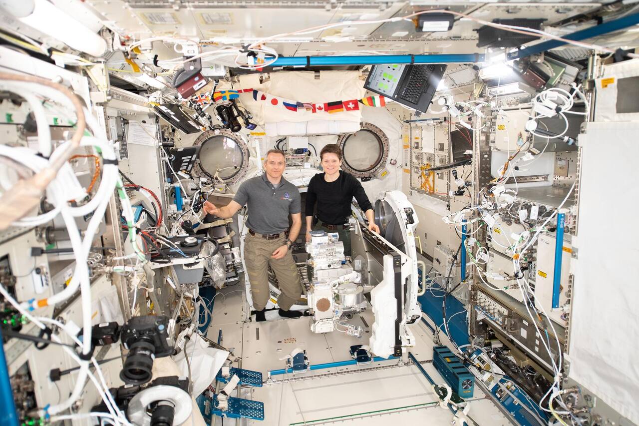 RRM-3 being installed on the JEM airlock slide table in Kibo, 19 February 2019. The payload is shown on the slide table before transfer outside; the NASA record documents the installation, not the internal hardware