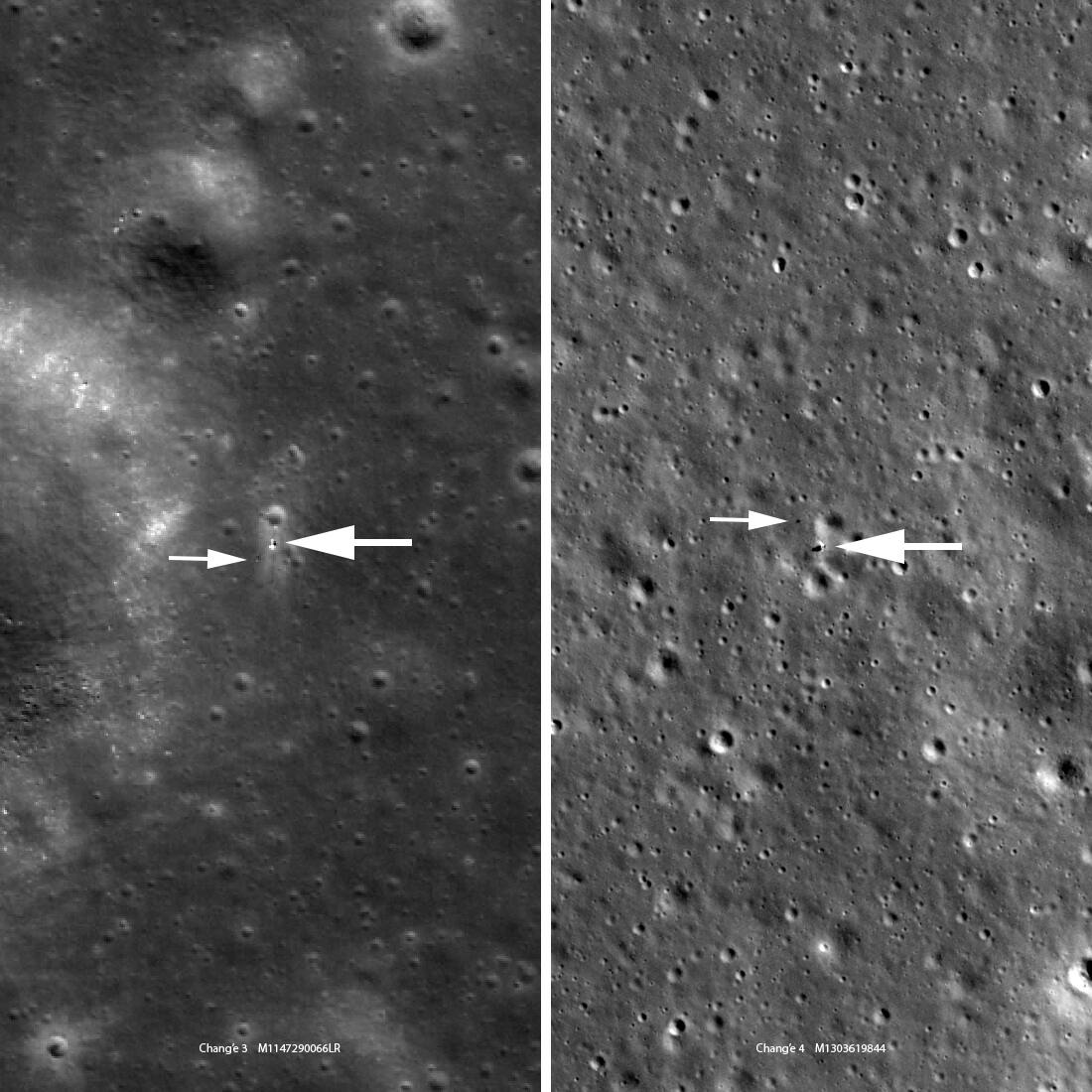 Lunar Reconnaissance Orbiter Narrow Angle Camera views of the Chang'e 3 (left) and Chang'e 4 (right) landing sites, each panel 463 m wide. Large arrows mark the landers and small arrows the rovers; the Chang'e 4 frame resolves Yutu-2 on the far-side surface at 0.85 m per pixel